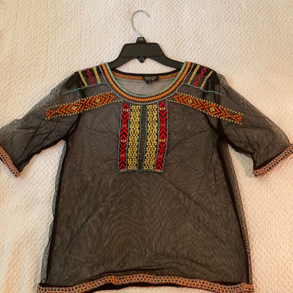 Topshop Multicolored Black Embroidered Mesh Top